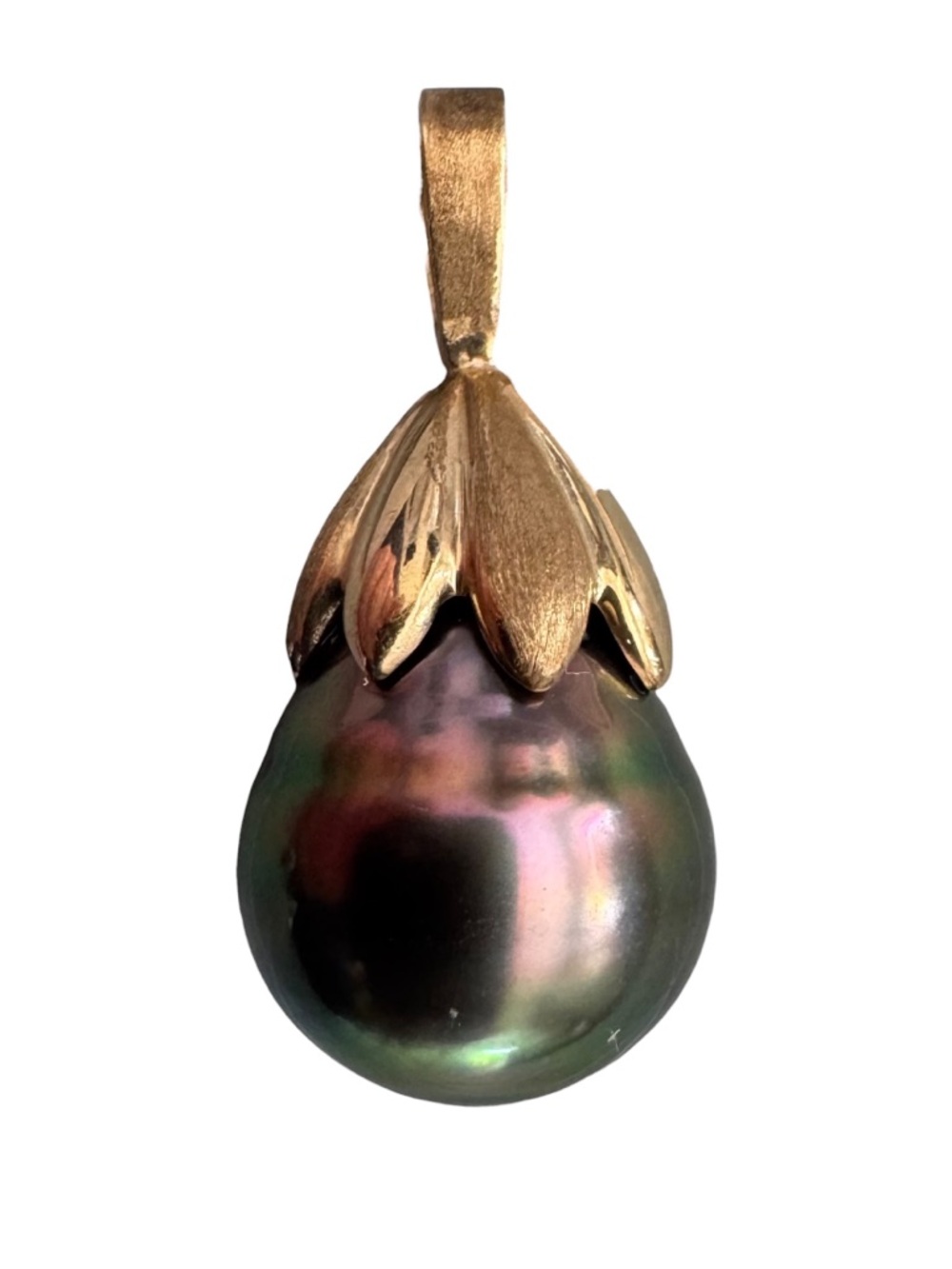 Vintage 10K Gold Top Tahitian Pearl Drop Pendant in Iridescent Black-Green